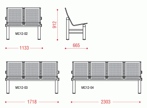 Размеры блока стульев для больниц КС-12  без мягких элементов