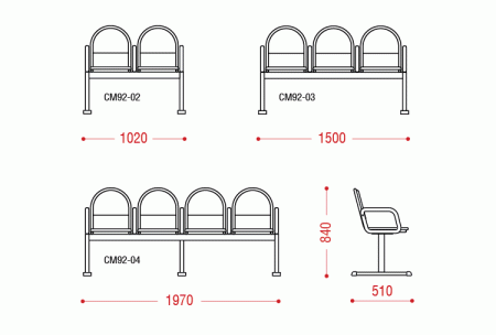 Размеры блока стульев для вестибюля КС-92 Стандарт с подлокотниками