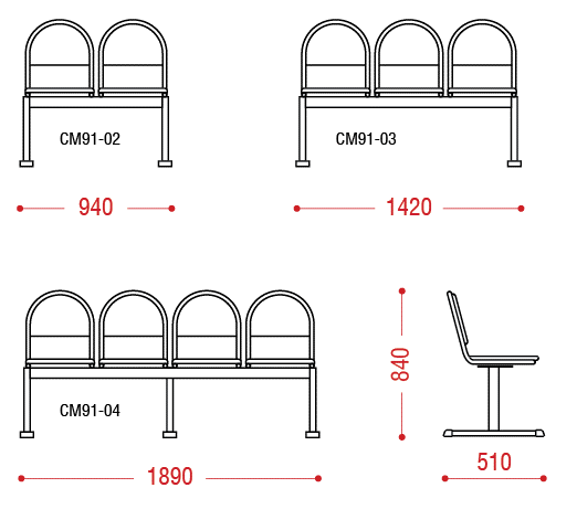 Размеры секции стульев Стандарт на раме КС-91