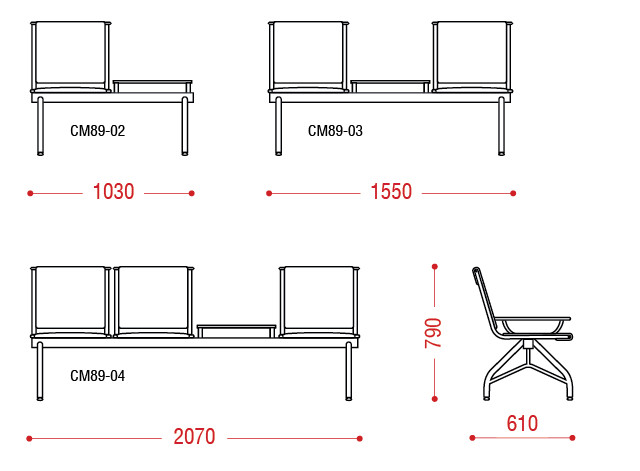 Размеры секции стульев  для зон ожидания КС-89 с металлическим столиком