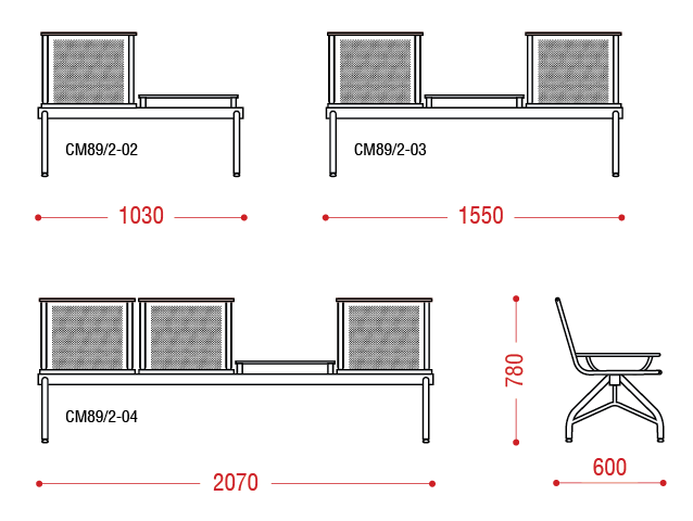 Размеры антивандальной секция стульев